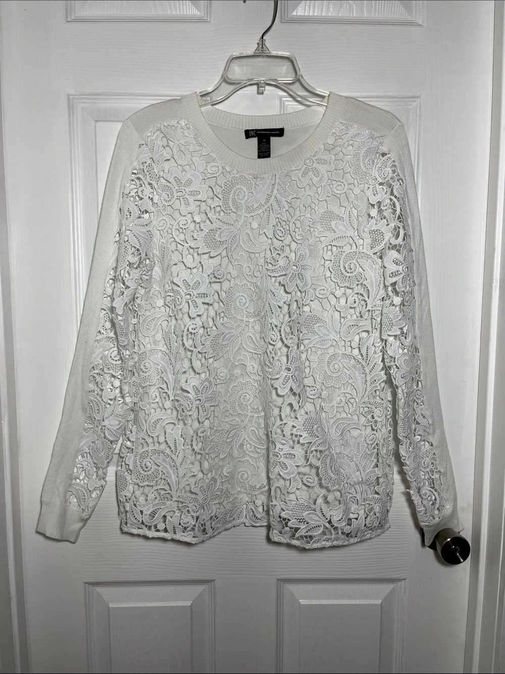 INC International Concepts White Long-Sleeve Sweater with Crochet Lace Overlay